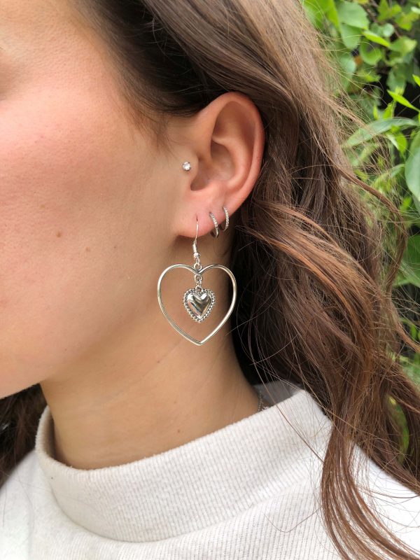 Boucles d'oreilles grand coeur et petit coeur scintillant